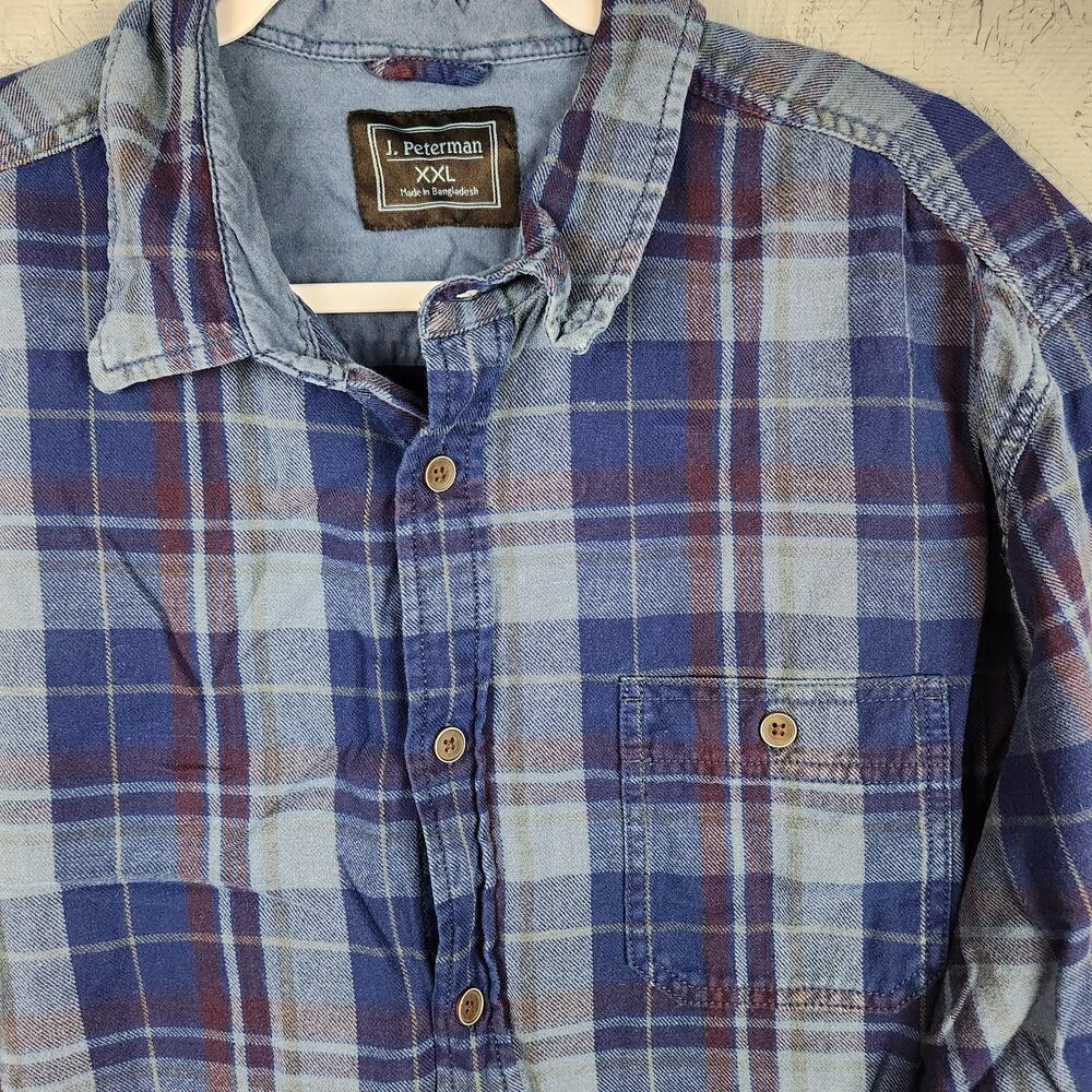 J Peterman Shirt Mens 2XL Blue Plaid Flannel Button Long Sleeve Preppy Pocket